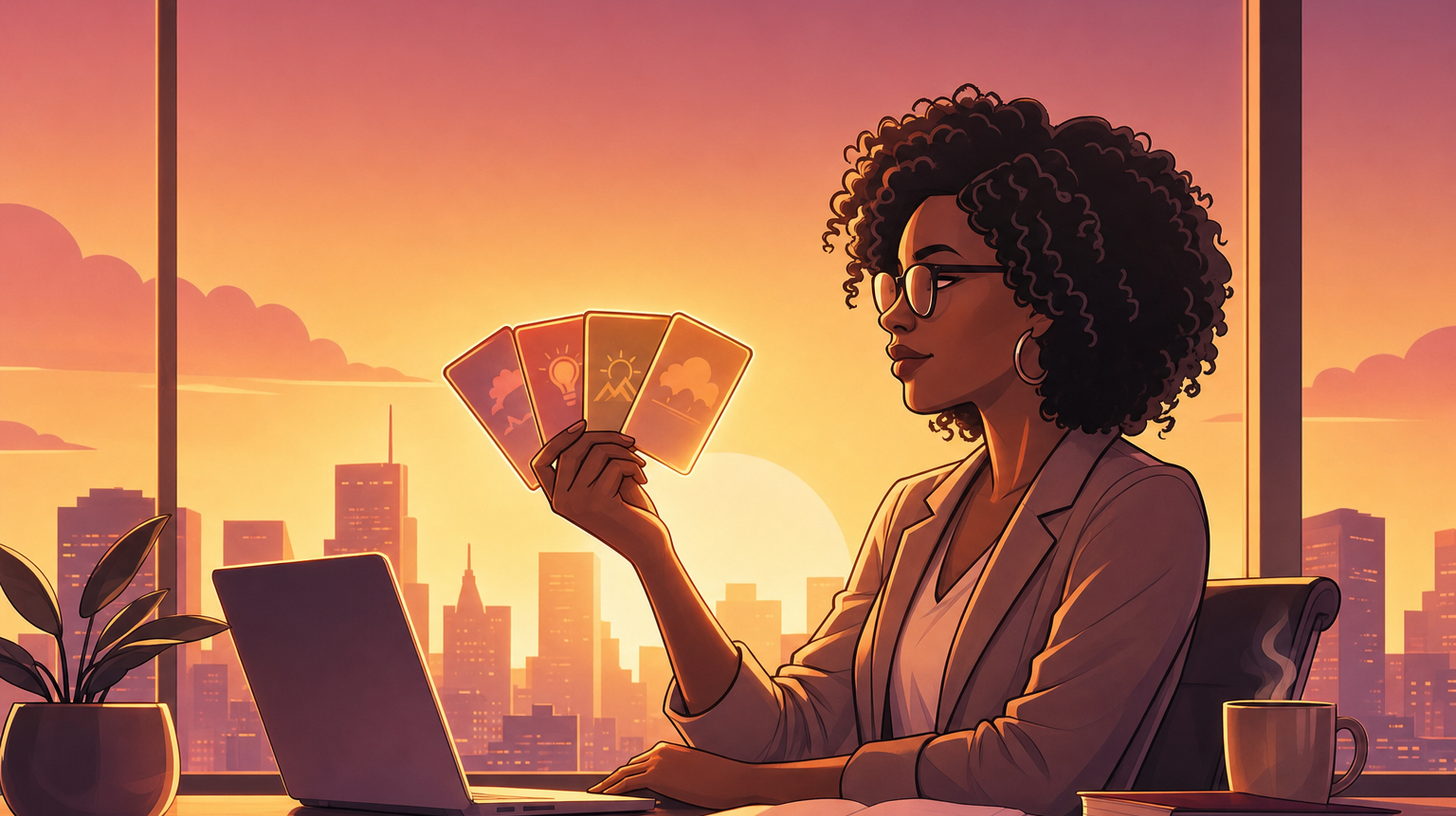 Kay holding a fan of four prompt cards
