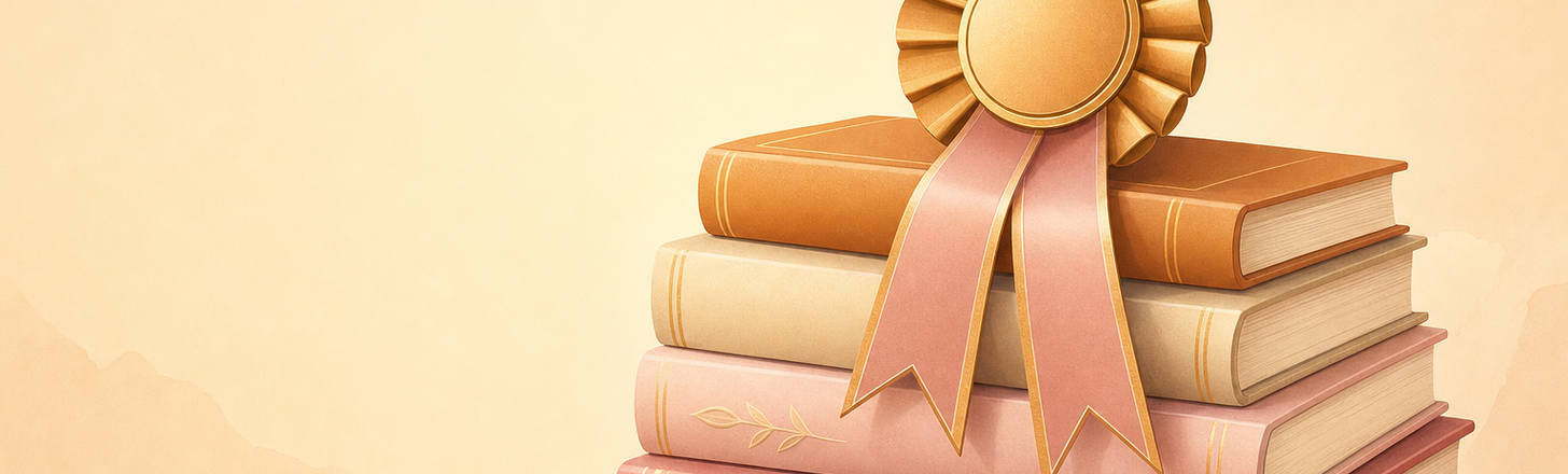 a stack of books with an award ribbon